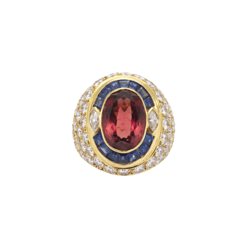 Bague 55 Sabbadini - Bague cocktail en or jaune 18K avec tourmaline, saphirs et diamants 58 Facettes 22829