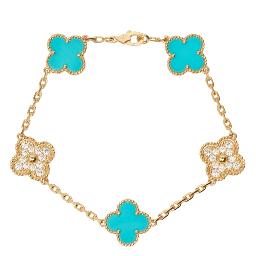 Bracelet Van Cleef & Arpels Vintage Alhambra - Bracelet 5 motifs en or jaune, turquoise et diamants 58 Facettes