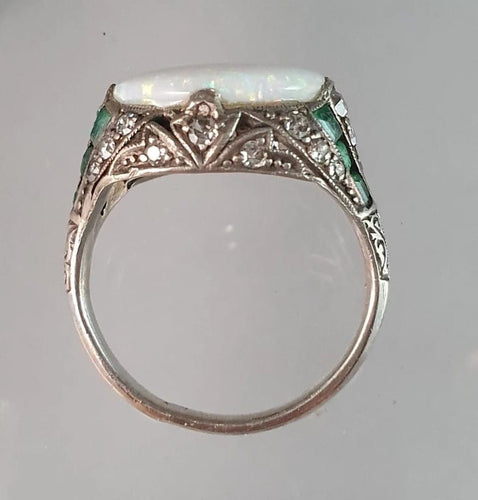 Bague 55 Bague Art Déco Argent Opale Emeraudes Diamants 58 Facettes