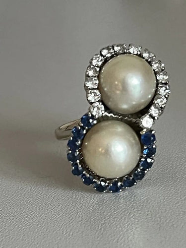 Bague 52 Bague Toi & Moi Or Gris Platine Perles Saphirs Diamants 58 Facettes 5422