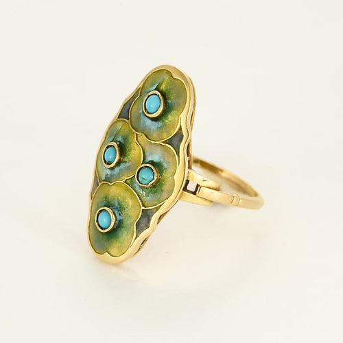 Bague 58.5 Bague en or jaune à motif de fleur stylisée, émail et turquoises 58 Facettes PRG2092