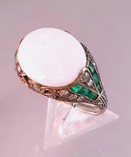 Bague 55 Bague Art Déco Argent Opale Emeraudes Diamants 58 Facettes