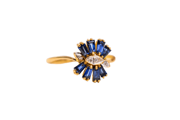 Bague 50 Bague en or jaune 14 carats saphirs taille trapèze et diamants 58 Facettes 3859