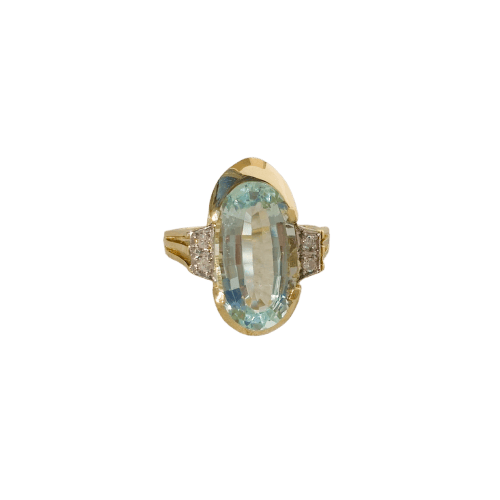 Bague 54 Bague Art déco en or jaune 14 carats avec aquamarine et diamants 58 Facettes