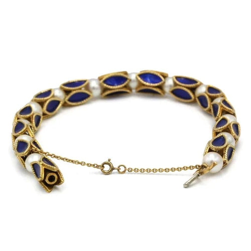 Bracelet Bracelet 1950-1960 en or jaune, émail bleu et perles 58 Facettes 260014R