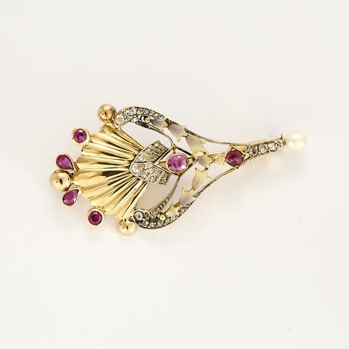 Broche Broche Coquille en platine et or jaune, rubis, diamants et perle 58 Facettes RAM3338