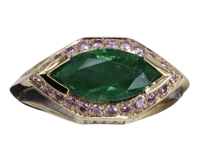 Bague 59 Bague Marquise en or jaune avec émeraude et diamant rose 58 Facettes BA-1387