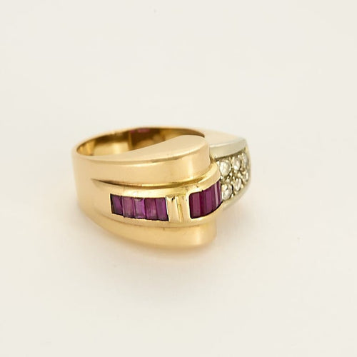 Bague 52 Bague tank en or jaune, rubis et diamants 58 Facettes COMP1376