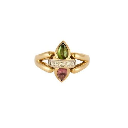 Bague or jaune, tourmaline rose et verte et diamants 58 Facettes AUX1017