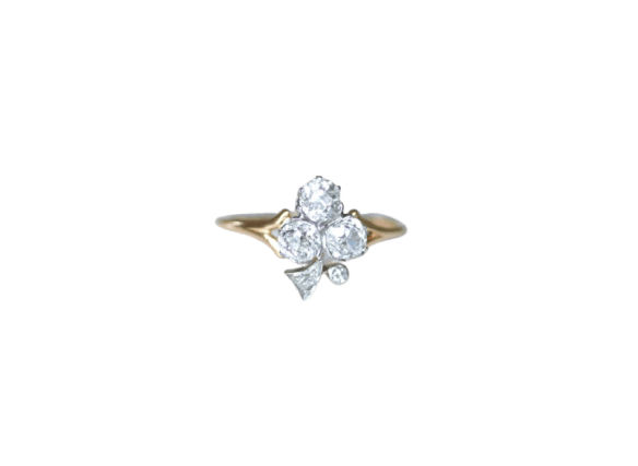 Bague 56 Bague trèfle ancienne en or rose 18 ct et platine, diamants 58 Facettes