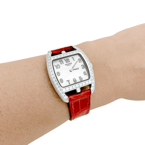 Montre Hermès Cape Cod Tonneau - Montre en acier et diamants sur cuir 58 Facettes 34299