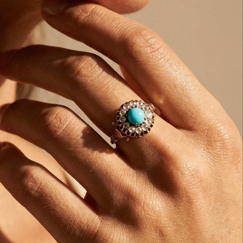 Bague 55 Bague antique - Biedermeier en or jaune 14K avec turquoises et diamants 58 Facettes 3230-7