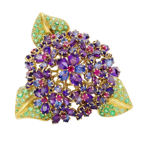 Boucles d'oreilles René Boivin « Bouquet de Violettes » - Clip en or jaune 750 et gemmes 58 Facettes 30363