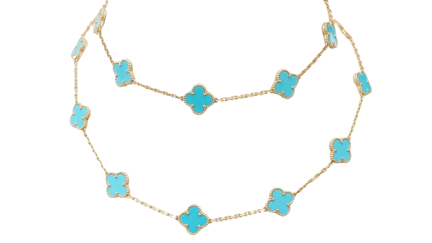 Collier VAN CLEEF & ARPELS - Sautoir Vintage Alhambra or jaune et turquoise 58 Facettes