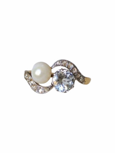 Bague toi et moi ancienne aigue-marine, perle, diamants 58 Facettes