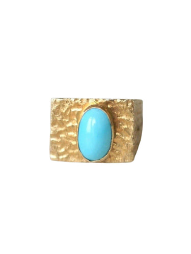 Bague chevalière or martelé et turquoise 58 Facettes
