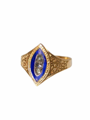 Bague marquise ancienne en or jaune et diamant sur émail bleu 58 Facettes
