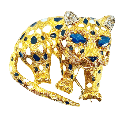 Broche Broche panthère Or Saphirs Diamants Email. 58 Facettes AB211