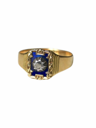 Bague Bague chevalière ancienne en or jaune et diamant sur émail bleu 58 Facettes