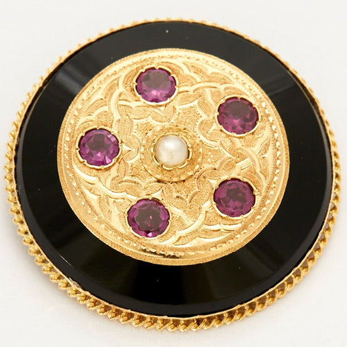 Broche médaillon en or jaune, améthystes et perle 58 Facettes DV0507-2
