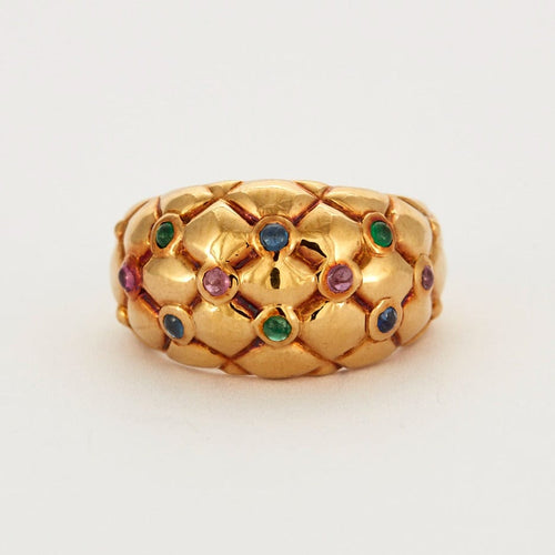 Bague Bague boule en or jaune matelassé saphirs rubis et émeraudes 58 Facettes DV0542-3
