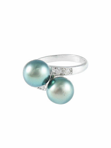 Bague 58 Bague Toi & Moi or gris, diamants et perles de culture de Tahiti 58 Facettes 189