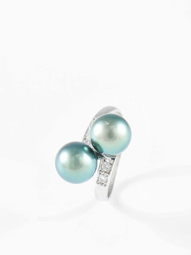 Bague 58 Bague Toi & Moi or gris, diamants et perles de culture de Tahiti 58 Facettes 189