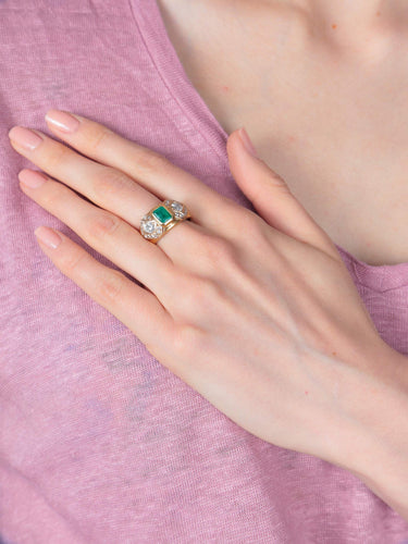 Bague Large Bague Or Jaune Emeraude et Diamants 58 Facettes