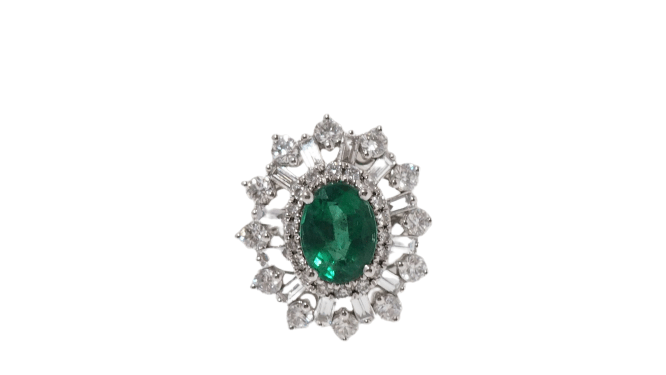 Bague 54 Bague entourage en or blanc, émeraude ovale et diamants 58 Facettes 31617