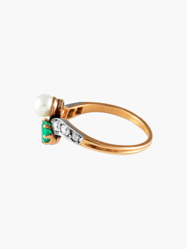 Bague 54 Bague Ancienne "Toi & Moi" Émeraude Perle Diamants 58 Facettes