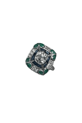 Bague 55 Bague style Art Déco Platine Diamant Saphirs Emeraudes 58 Facettes