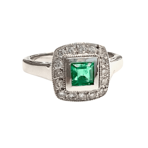 Bague Bague en platine de style ART DÉCO avec diamants et émeraudes 58 Facettes Q961A