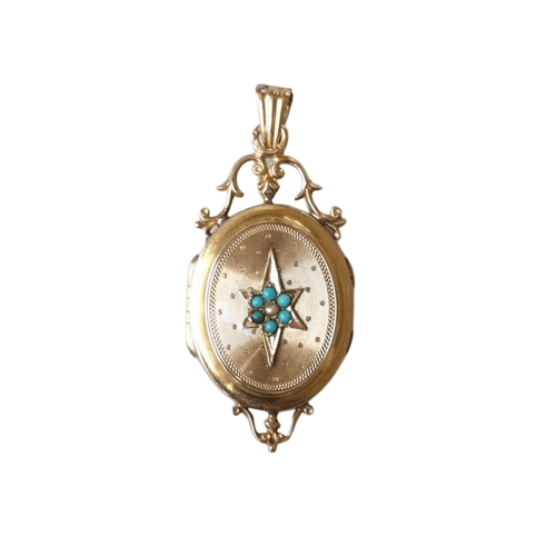 Pendentif Médaillon étoile or rose et turquoises 58 Facettes