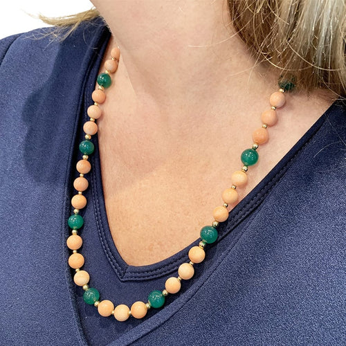 Collier Sautoir boules corail, chrysoprases, intercalaires or jaune. 58 Facettes 30348