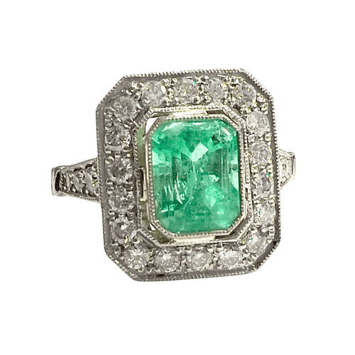 Bague 57 Bague platine de style rétro avec diamants et émeraude centrale 58 Facettes Q950A (912)