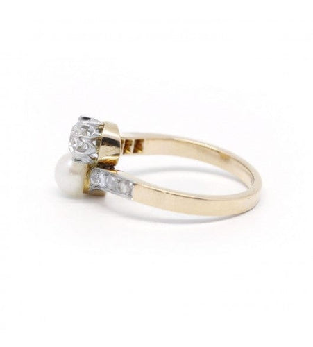 Bague 52 / Jaune et blanc / Or 750 et Platine 950 Bague Toi & Moi Perle Et Diamants 58 Facettes 200042R