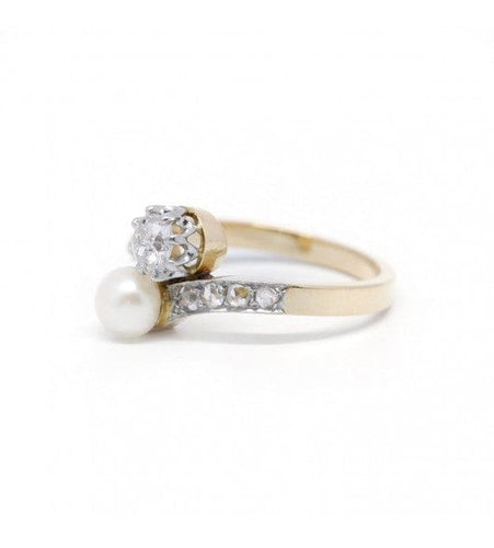 Bague 52 / Jaune et blanc / Or 750 et Platine 950 Bague Toi & Moi Perle Et Diamants 58 Facettes 200042R