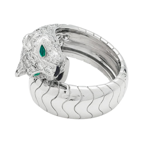 Bague 53 Bague Cartier "Panthère de Cartier" en or blanc, diamants, émeraudes et onyx. 58 Facettes 29075-1