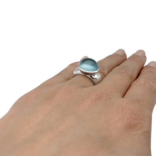 Bague 52 Bague carrée en or blanc, cabochon d'aigue-marine. 58 Facettes 30362