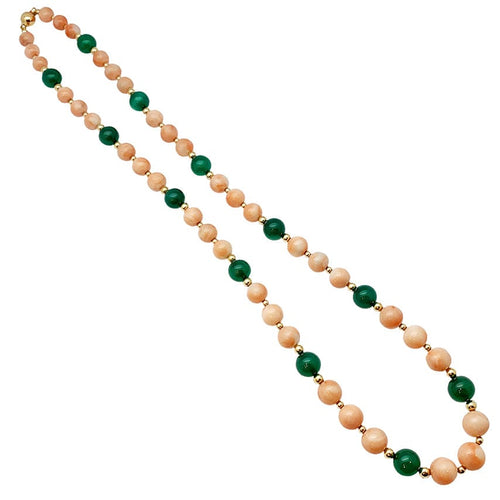 Collier Sautoir boules corail, chrysoprases, intercalaires or jaune. 58 Facettes 30348