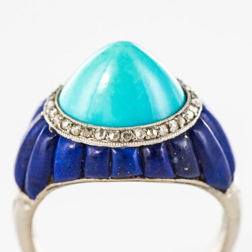 Bague 52 Bague art déco turquoise pain de sucre lapis lazuli diamants 58 Facettes 19-470-53