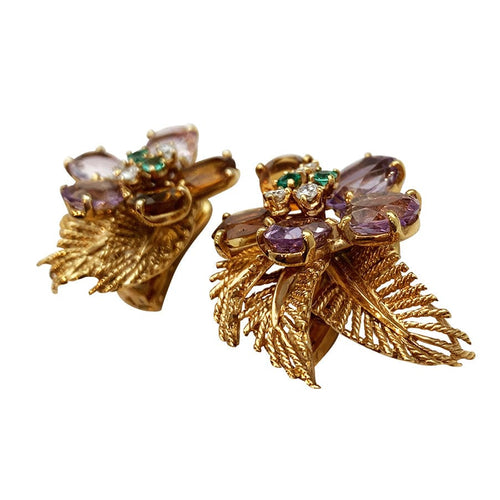 Boucles d'oreilles Boucles d'oreilles Boucheron "Fleur" or jaune et platine, pierres de couleur. 58 Facettes 30377