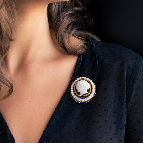 Broche Broche Camée email bleu perles 58 Facettes 14-105-8377620