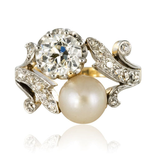 Bague 54 Bague ancienne diamants et perle fine toi et moi 58 Facettes 18-049-54