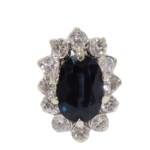 Bague 54 Bague marguerite en or blanc, saphir ovale et diamants 58 Facettes 31322