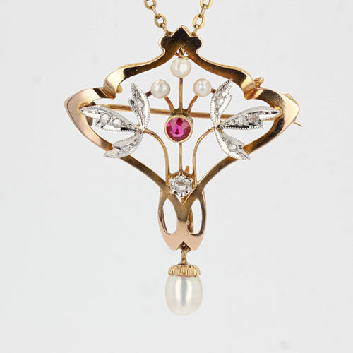 Broche Broche - Pendentif Art nouveau perles diamants rubis 58 Facettes 21-254