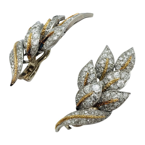 Boucles d'oreilles Boucles d'oreilles "Feuilles" en platine or jaune et diamants. 58 Facettes 29224