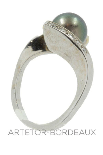 Bague 55 Bague moderne perle noire et diamants 58 Facettes 16461