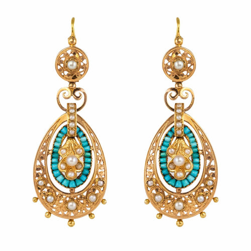 Boucles d'oreilles Pendants d'oreilles anciens turquoises et perles fines 58 Facettes 17-326A