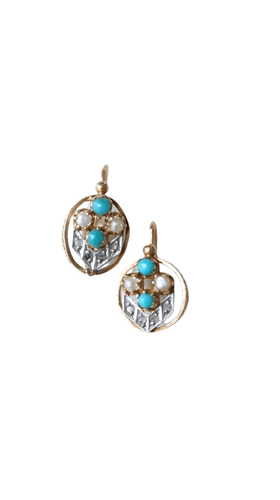 Boucles d'oreilles Dormeuses or rose, perles, turquoises et diamants 58 Facettes